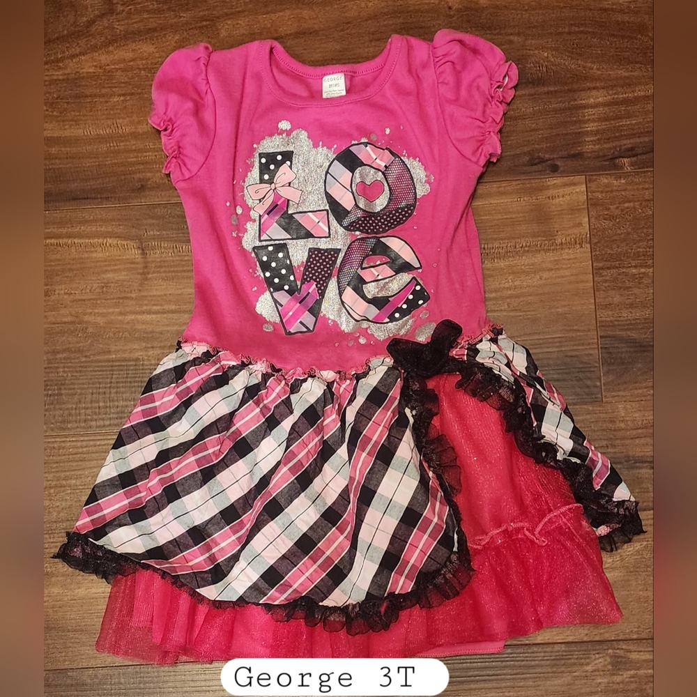 George Pink Graphic Dress with Plaid Skirt Y2K